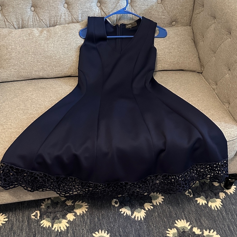 Donna Ricco Midnight Blue Women’s Dress with Lace Trim-comfortable/forgiving